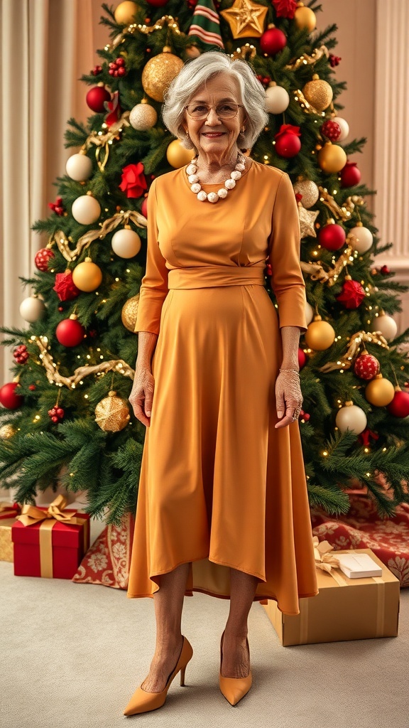 Stylish Christmas Outfit Ideas for Women Over 50 Elegant older woman in a festive midi dress with Christmas decorations in the background.